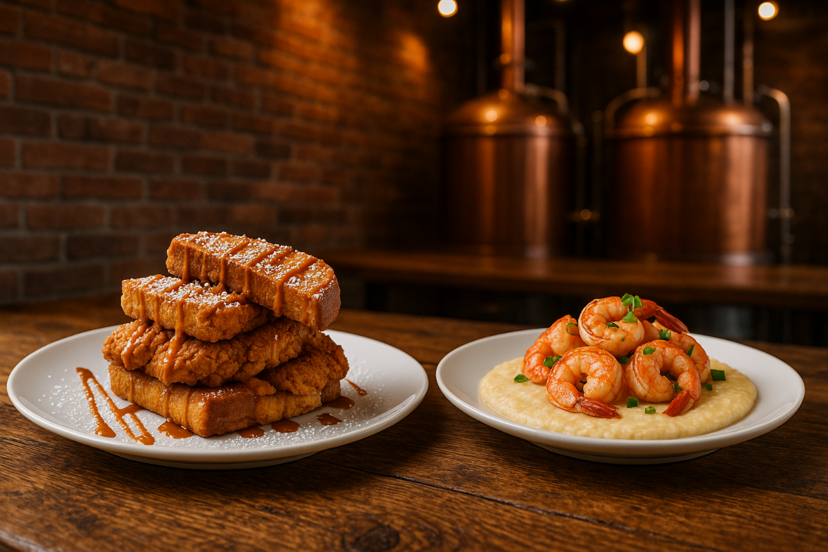 Delicious Bourbon and Biscoff Cookie Butter French toast and Tequila shrimp and gouda grits from S&S Cookin brunch class