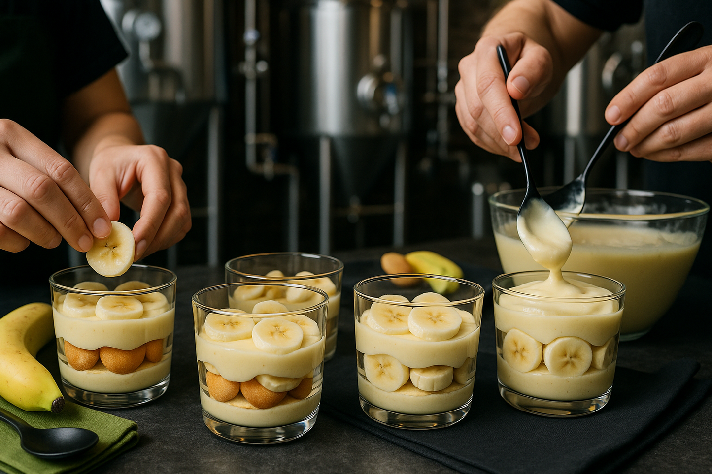 Close-up banana pudding preparation