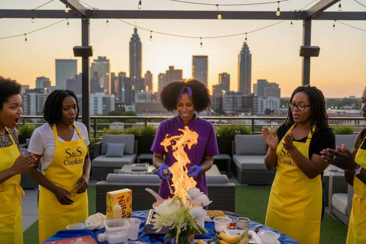 Chef Chazzy leading an Atlanta cooking class with guests wearing branded S&S Cookin aprons