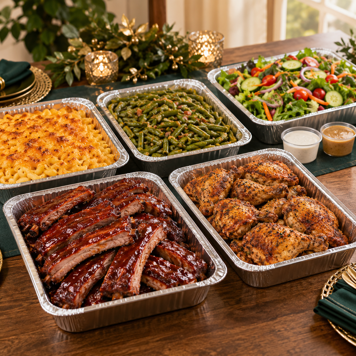 S&S Cookin holiday drop-off spread with BBQ spare ribs, roasted chicken, macaroni and cheese, green beans, and garden salad